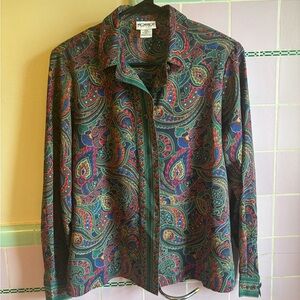Vtg Koret green and red paisley print button down blouse